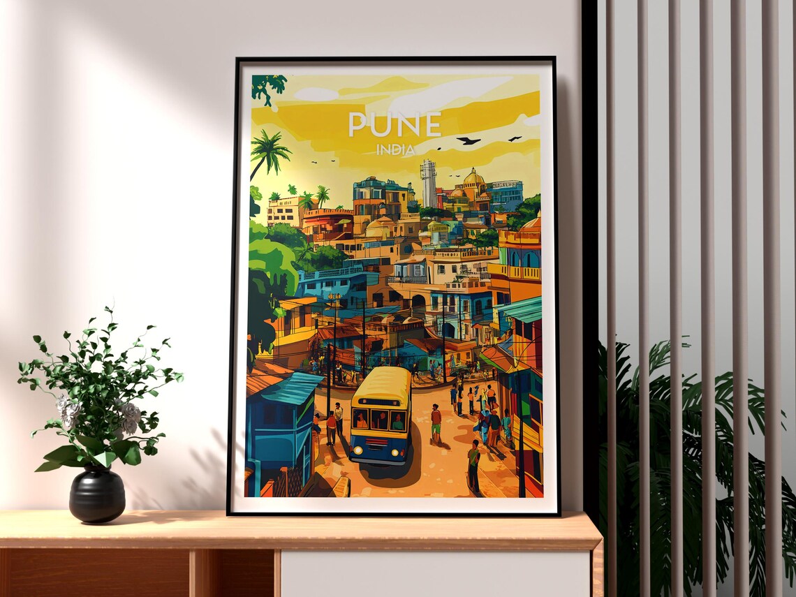 Pune India Colorful Busy City Street Market Scene Art Travel Poster