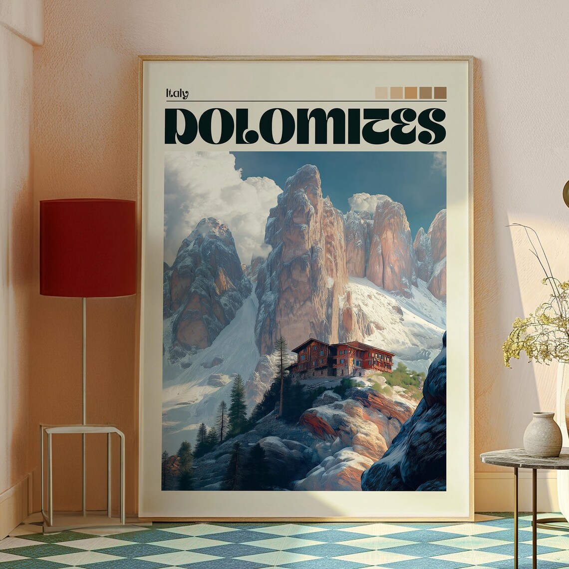 Dolomites Italy Alpine Peaks Snowy Mountain Lodge Travel Poster - Image 2