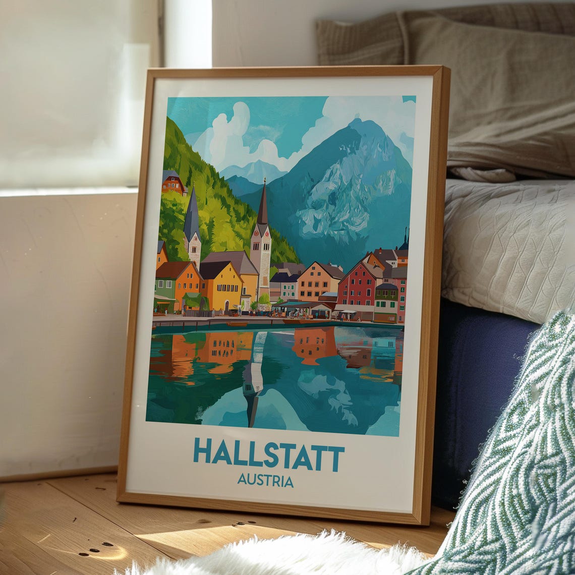 Hallstatt Austria Lakeside Village Mirror Reflection Art Poster - Image 3