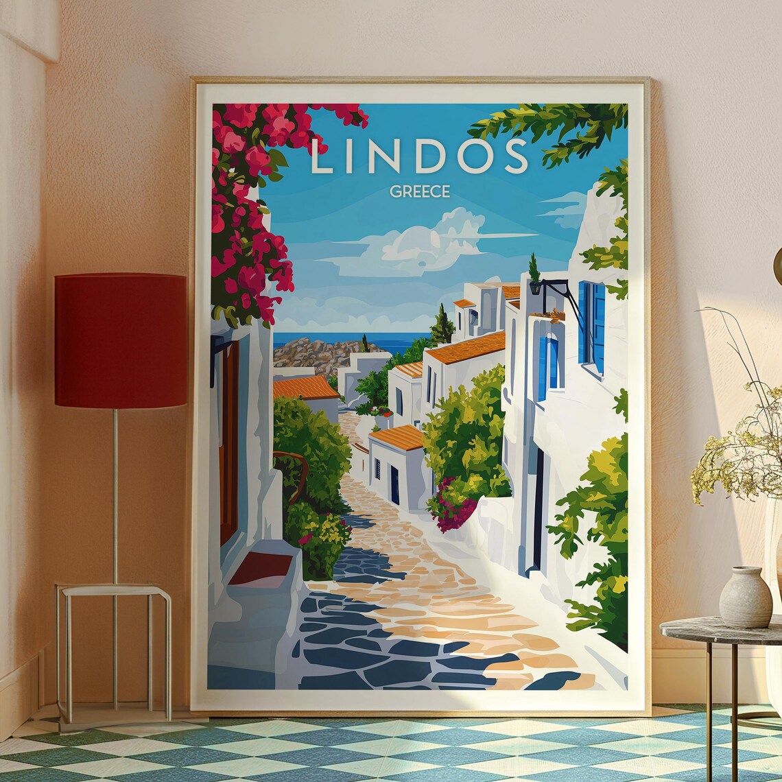 Lindos Greece Whitewashed Village Cobblestone Street Travel Poster - Image 2