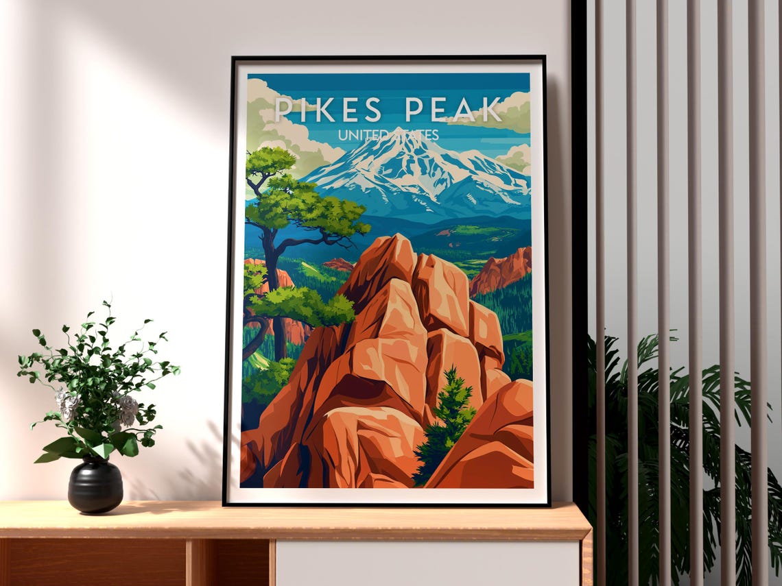 Pikes Peak Colorado Snow Capped Summit Red Rocks Pines Poster