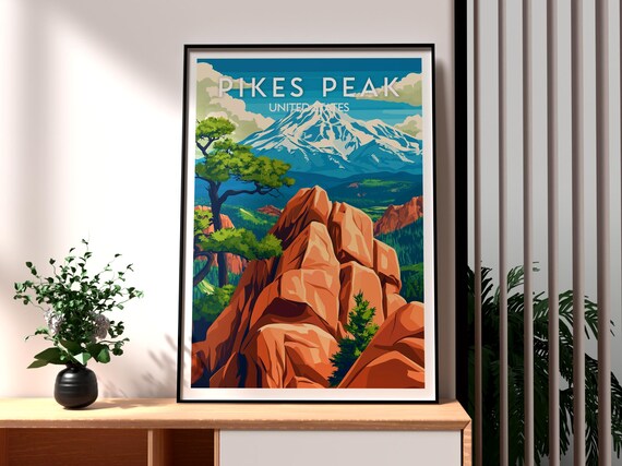 Pikes Peak Colorado Snow Capped Summit Red Rocks Pines Poster