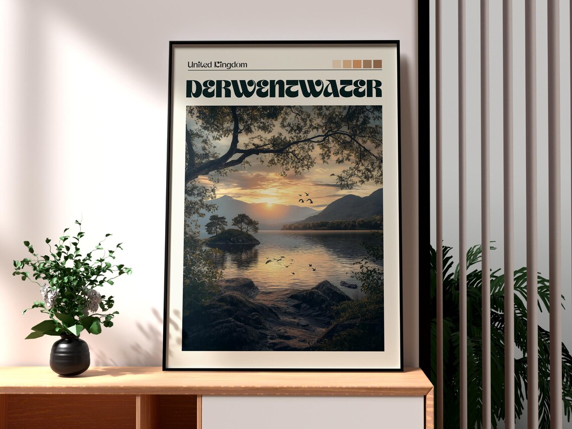 Derwentwater England Lake District Sunset Islands Boats Travel Poster