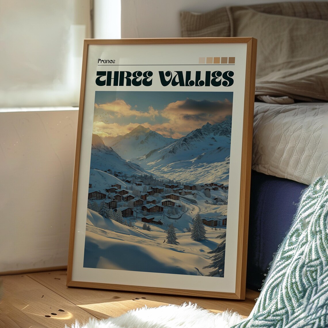Three Vallies France Ski Resort Alpine Snow Sunset Travel Poster - Image 3