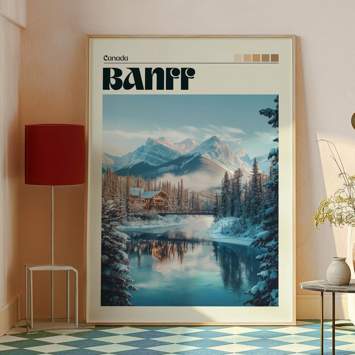 Banff Canada Winter Snowy Cabin Lake Mountain Reflection Poster - Image 2