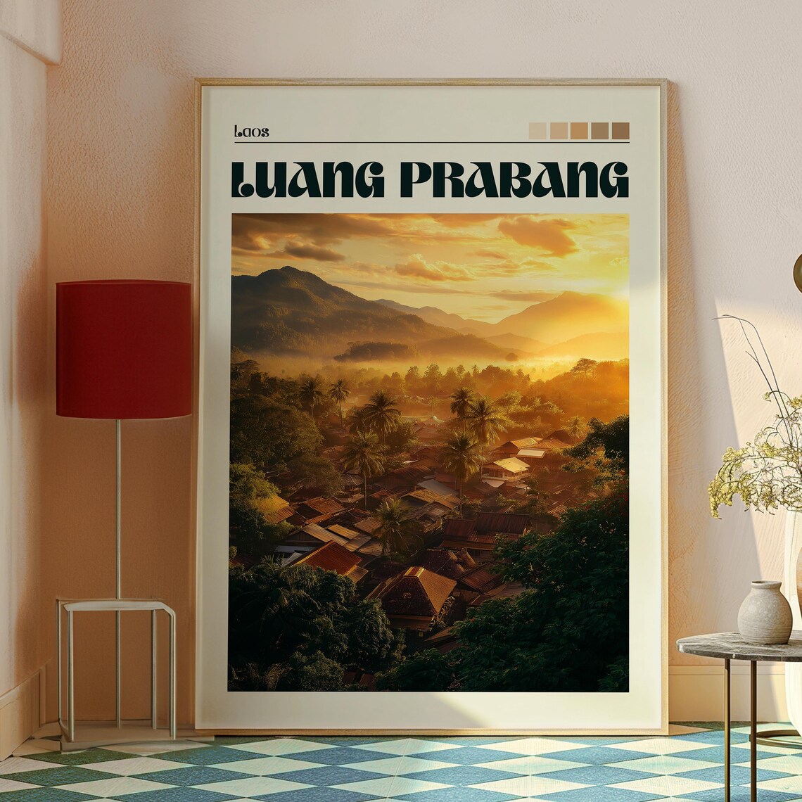 Luang Prabang Laos Sunrise Palm Village Mountain Mist Travel Poster - Image 2