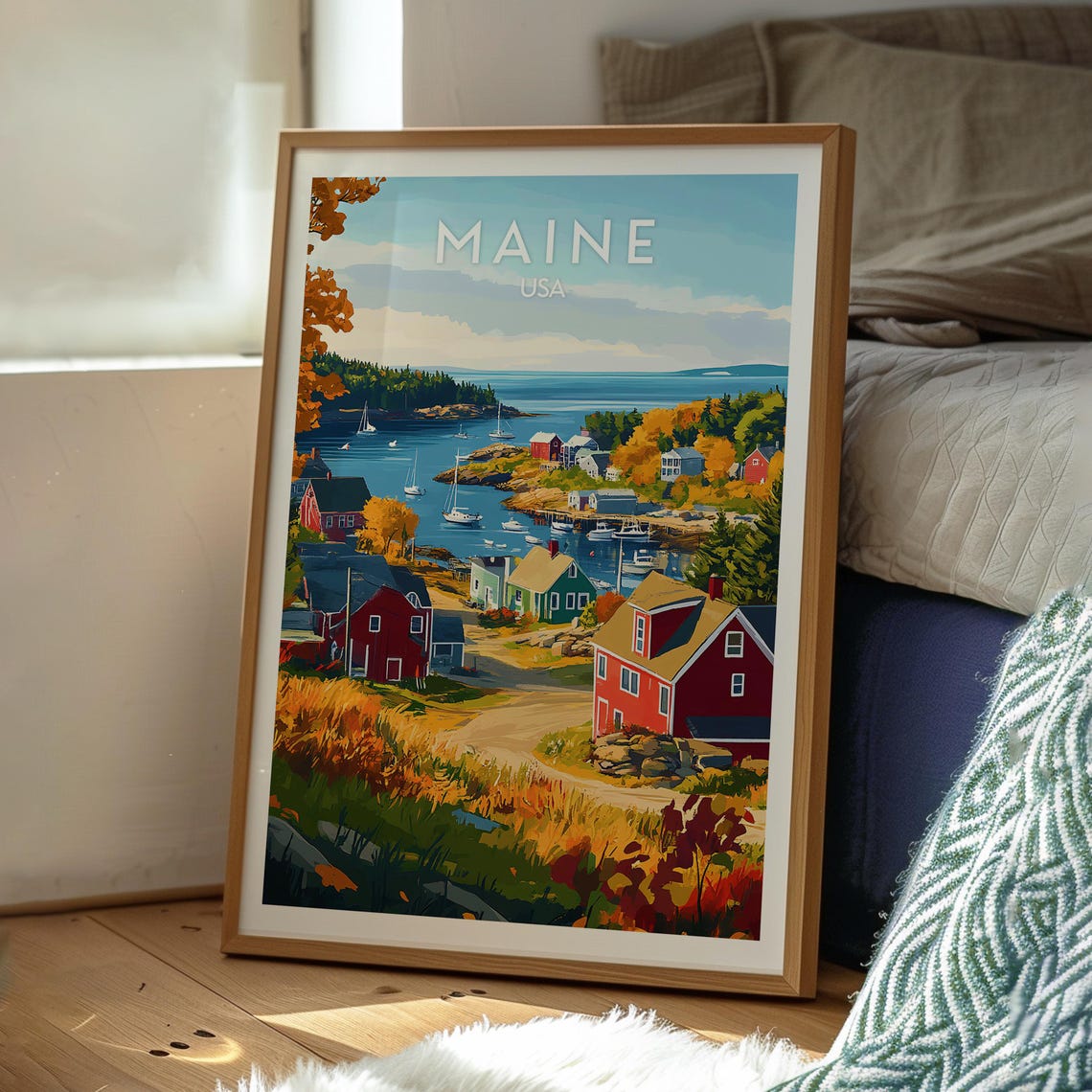 Maine USA Autumn Harbor Village Sailboats New England Coastal Poster - Image 3