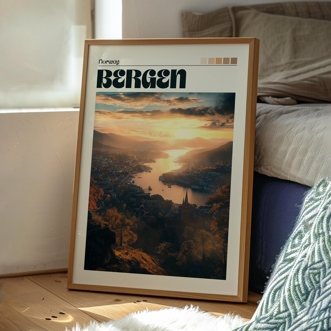 Bergen Norway Harbor Sunset Over Fjord Water Travel Art Poster - Image 3