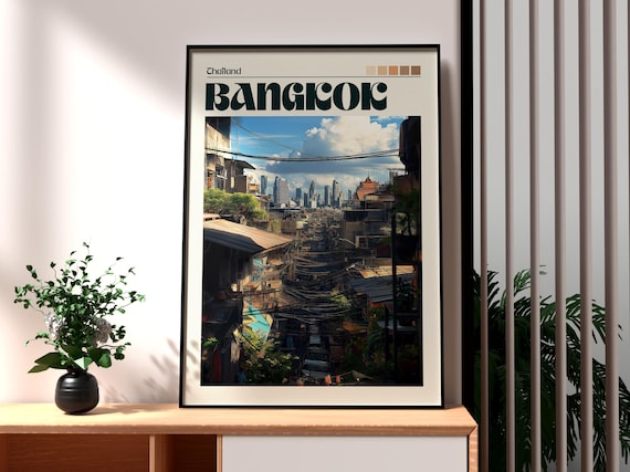 Bangkok Thailand Old Town Street Wires and Temples Travel Poster