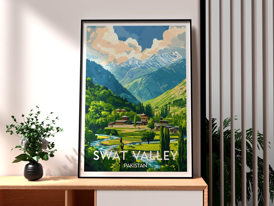 Swat Valley Pakistan Mountain Valley Snowy Peaks River Poster