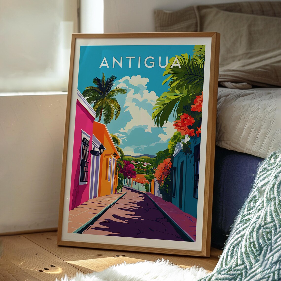Antigua Caribbean Colonial Street Palm Trees Island Travel Poster - Image 3