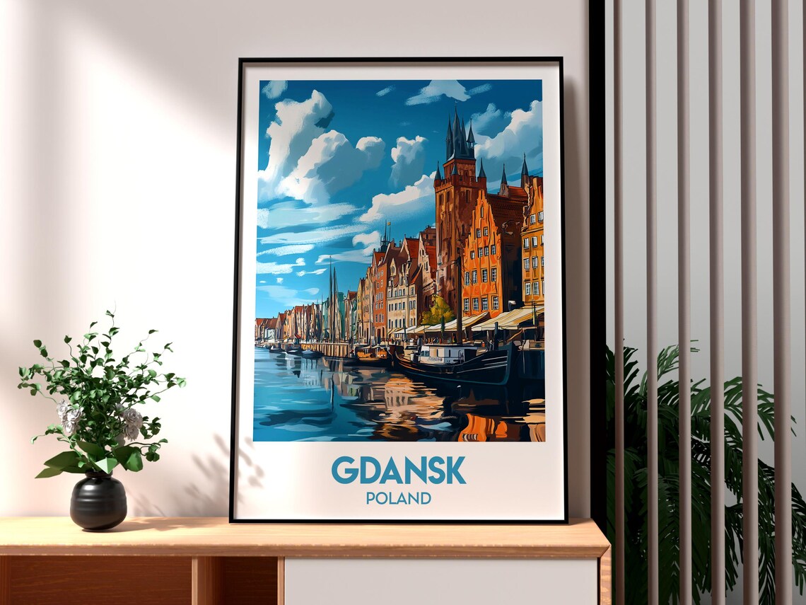 Gdansk Poland Colorful Waterfront Old Town Harbor Travel Poster