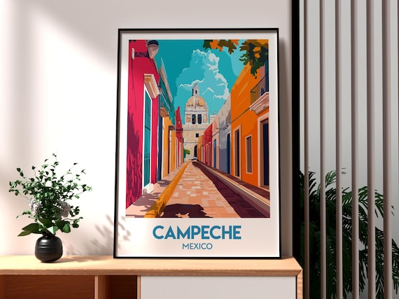 Campeche Mexico Colorful Colonial Street Church Travel Poster