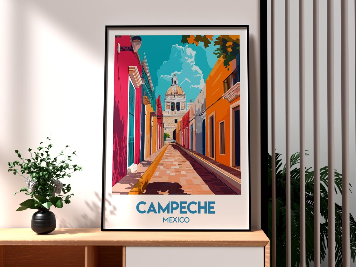 Campeche Mexico Colorful Colonial Street Church Travel Poster