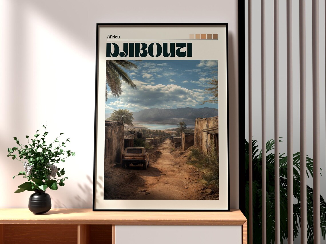Djibouti Africa Desert Road Village Palms Mountain Travel Poster