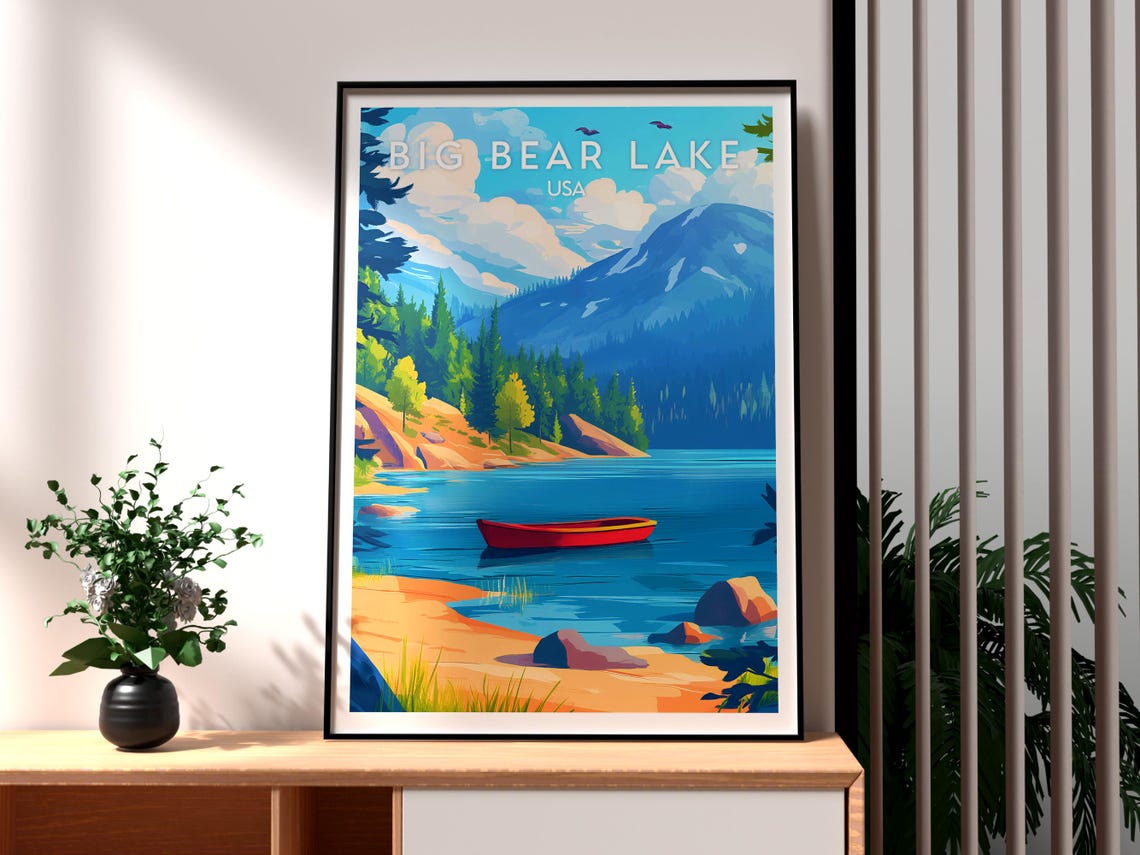 Big Bear Lake USA Red Canoe Pine Mountains Lake Travel Poster
