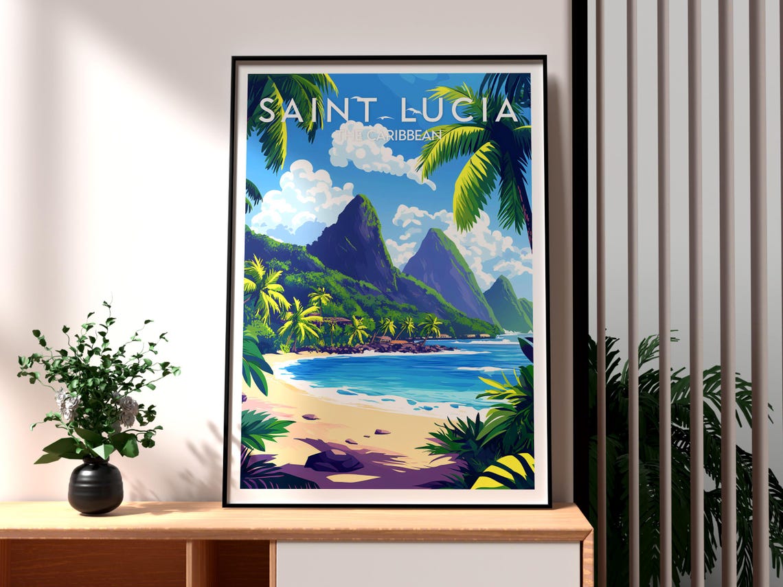 Saint Lucia Print Caribbean Wall Art Travel Poster Beach St