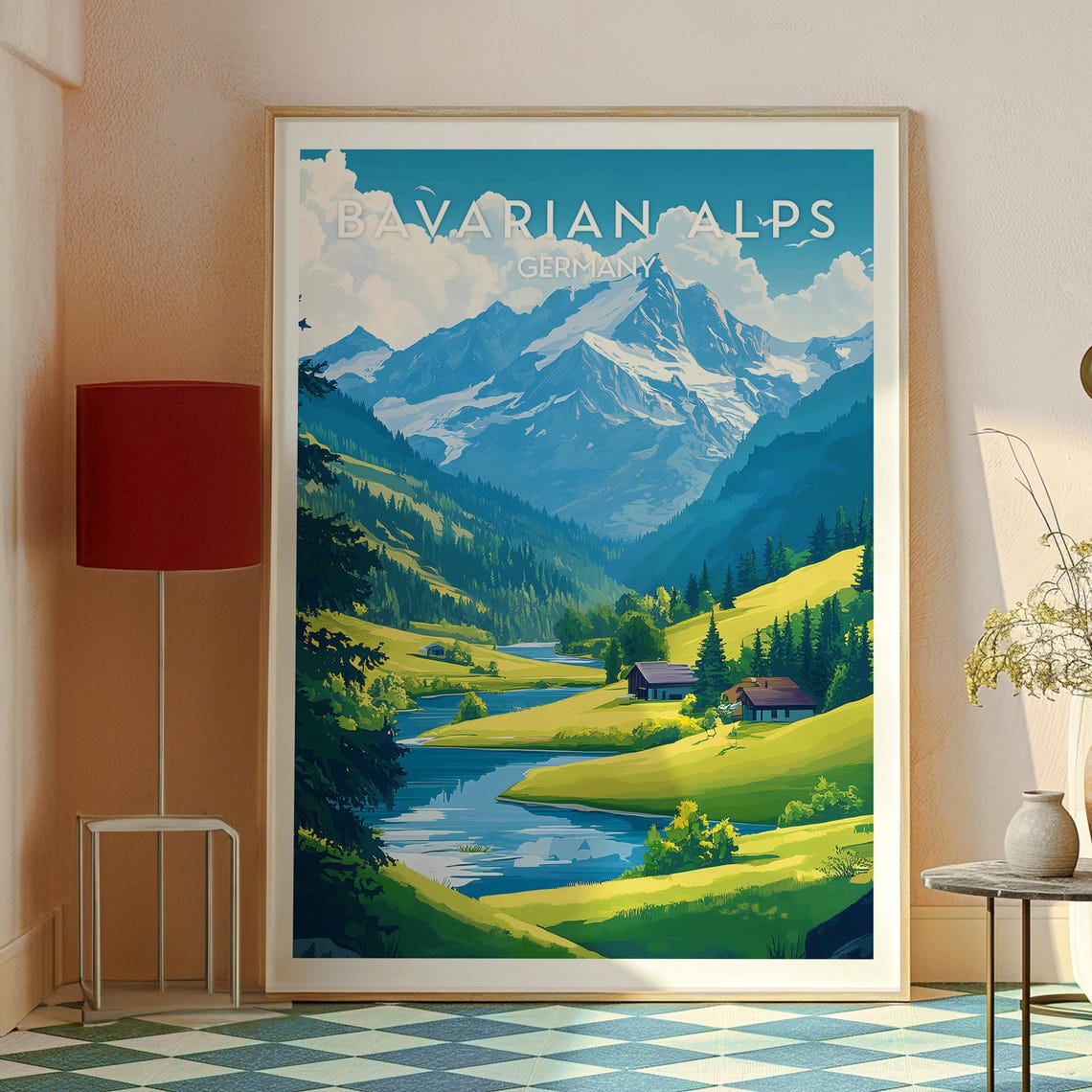 Bavarian Alps Germany Snowy Peak Alpine Lake Chalet Travel Poster - Image 2