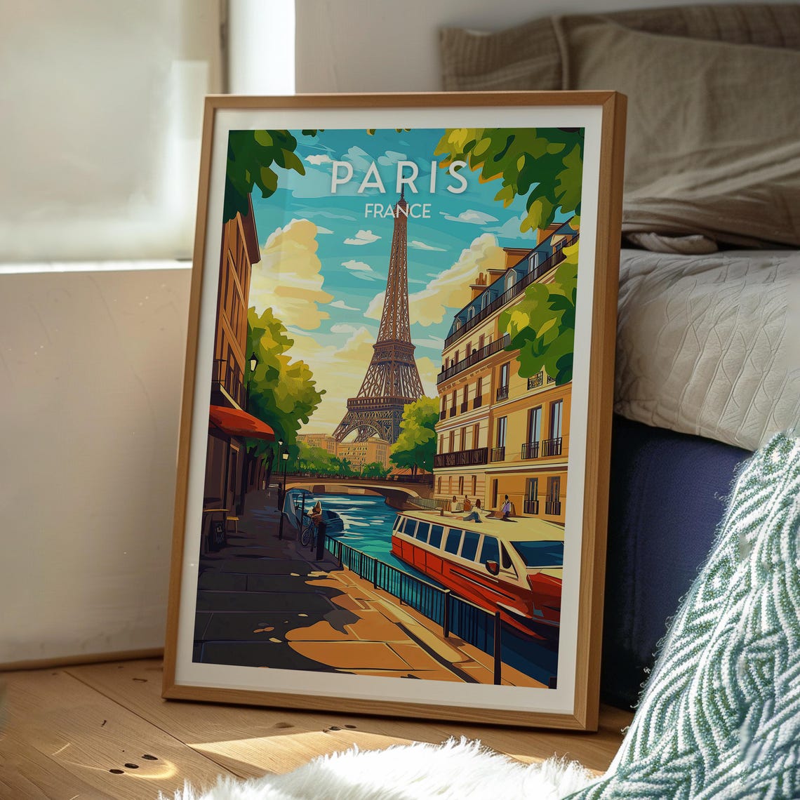 Paris France Eiffel Tower Canal Boat Golden Evening Scene Poster - Image 3