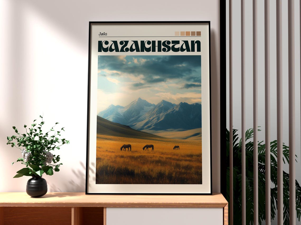 Kazakhstan Asia Steppe Horses Mountain Valley Vintage Poster
