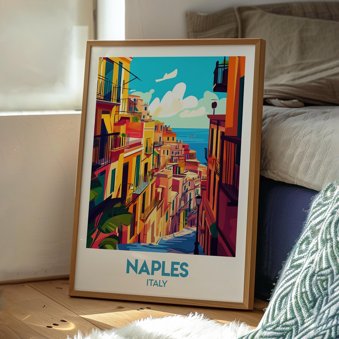 Naples Italy Colorful Alley Steps Sea View Old Town Travel Poster - Image 3