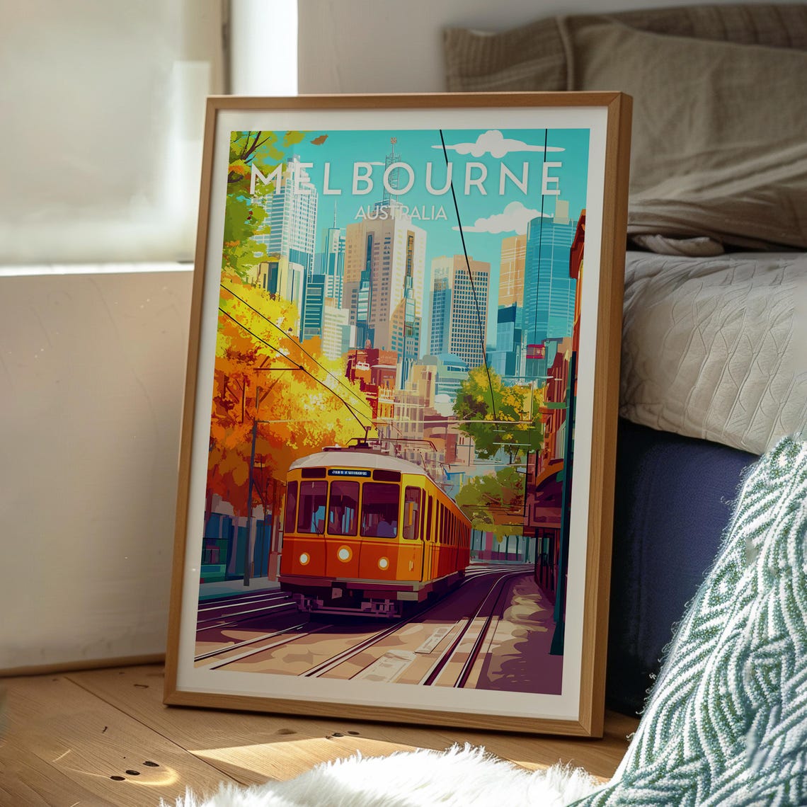 Melbourne Australia Vintage Tram City Skyline Autumn Travel Poster - Image 3