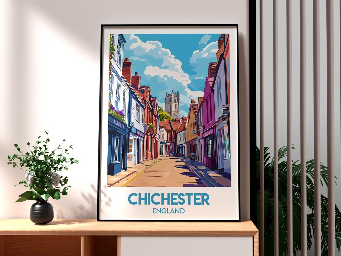 Chichester England Historic Street Cathedral Tower Travel Poster