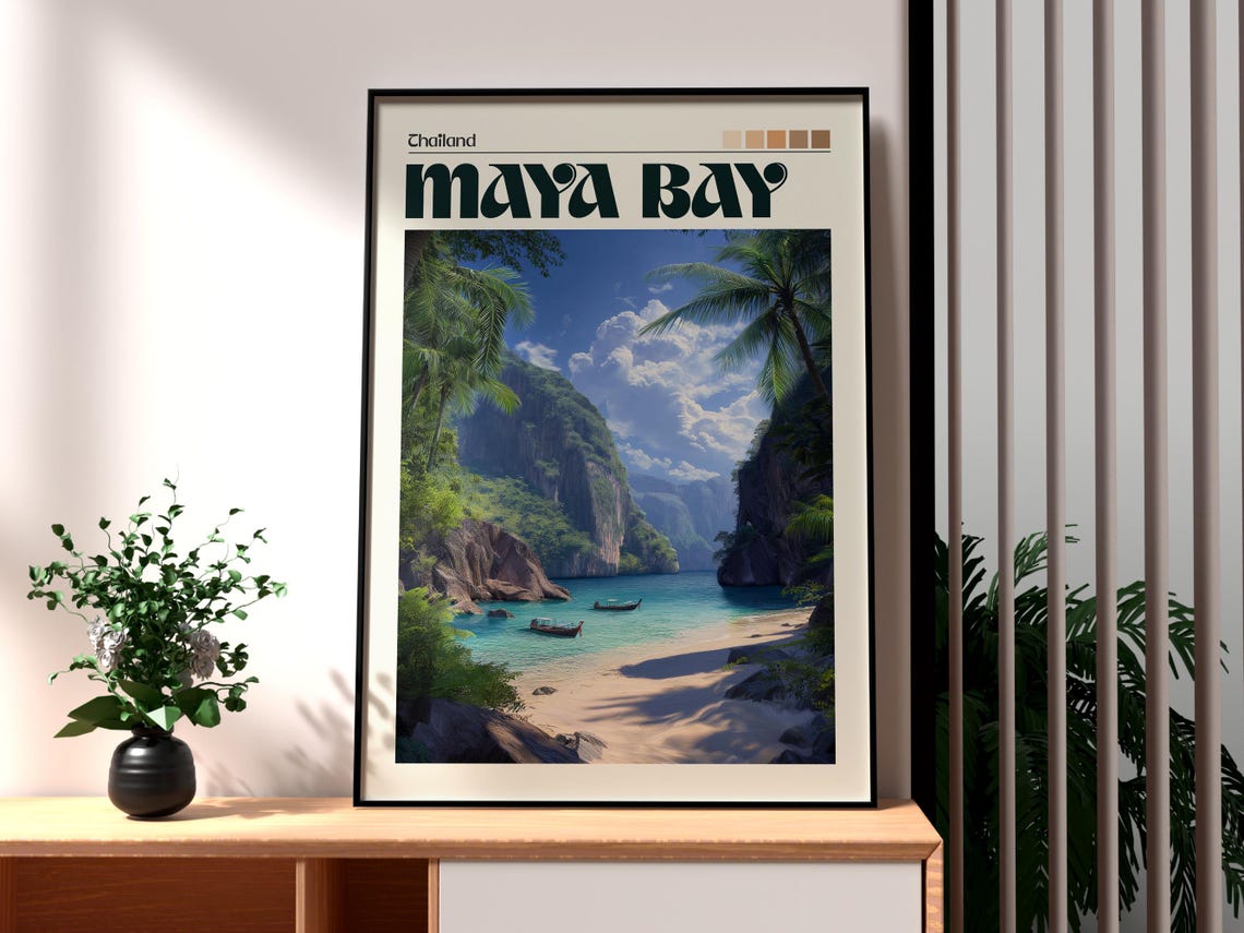 Maya Bay Thailand Tropical Beach Limestone Cliffs Boats Poster