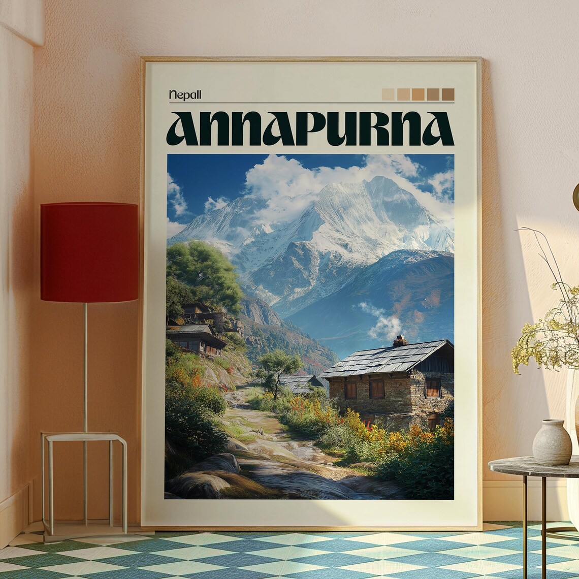 Annapurna Himalaya Nepal Mountain Village Trekking Scene Travel Poster - Image 2