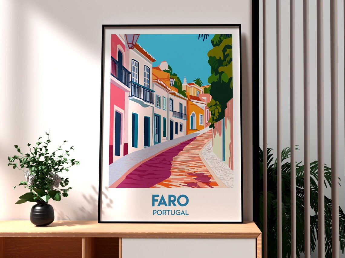 Faro Portugal Vintage Travel Poster Sunny Old Street Scene Art