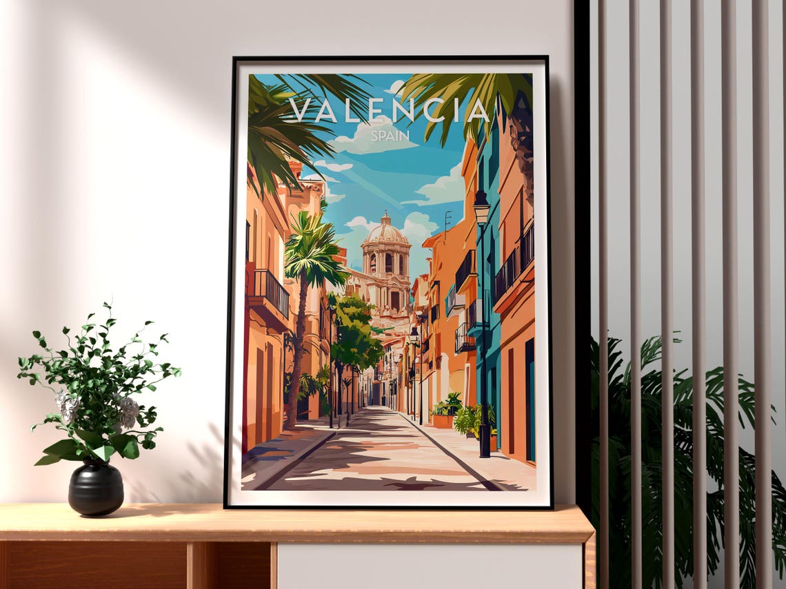 Valencia Spain Old Town Street Domed Church Sunny Travel Poster - Image 3