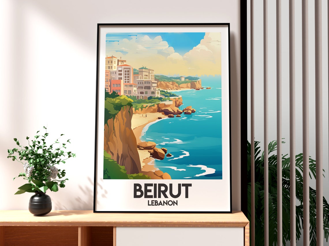 Beirut Lebanon Coastal Cliffs Turquoise Sea Illustration Art Poster
