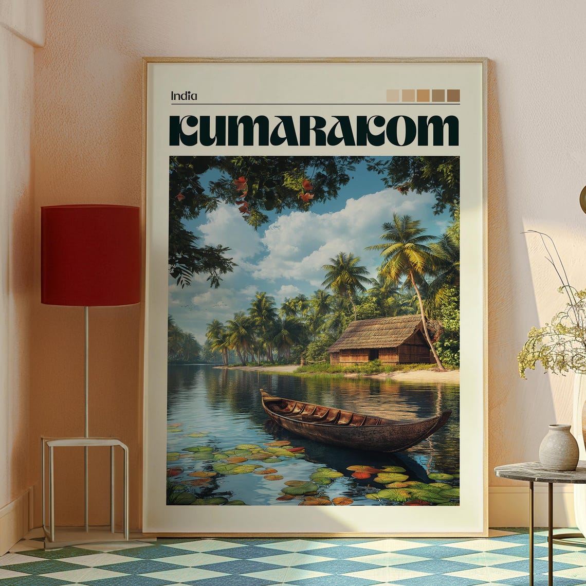 Kumarakom India Kerala Backwater Canoe Palm Tree Scene Poster - Image 2