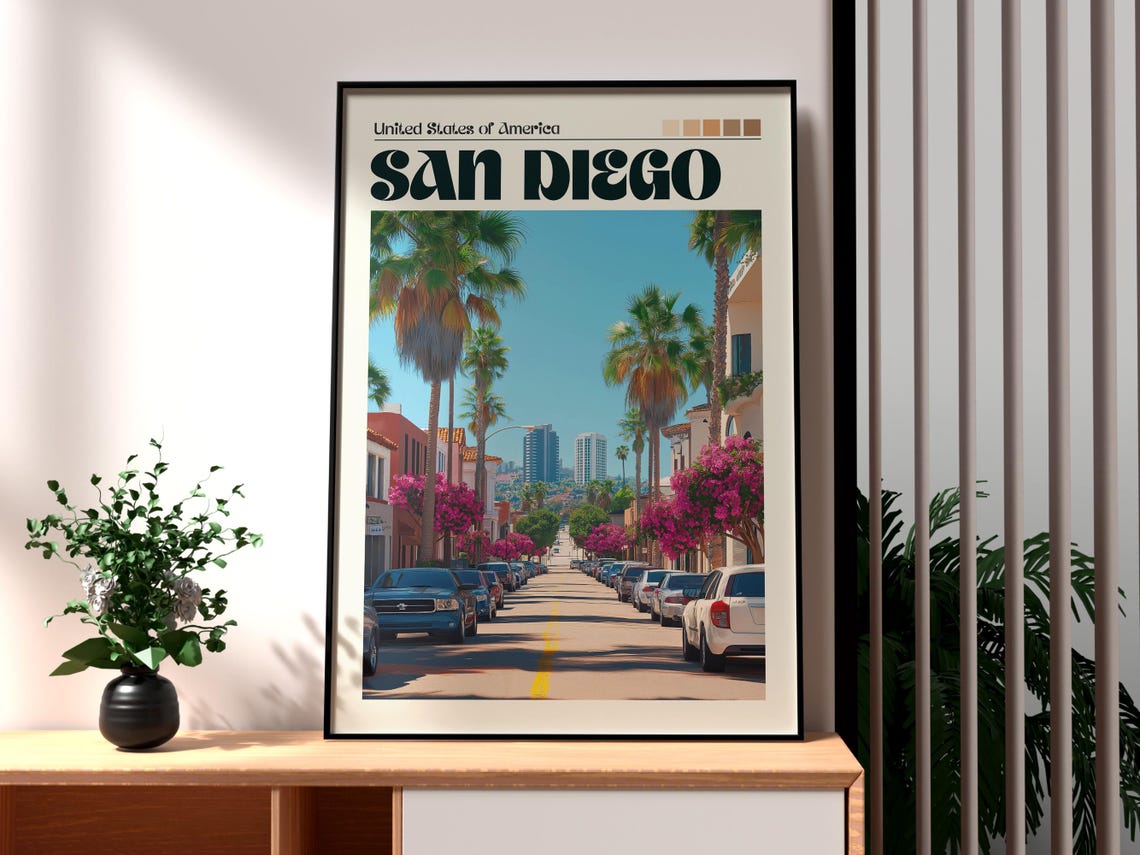 San Diego California Palm Lined Street Vintage USA Travel Poster
