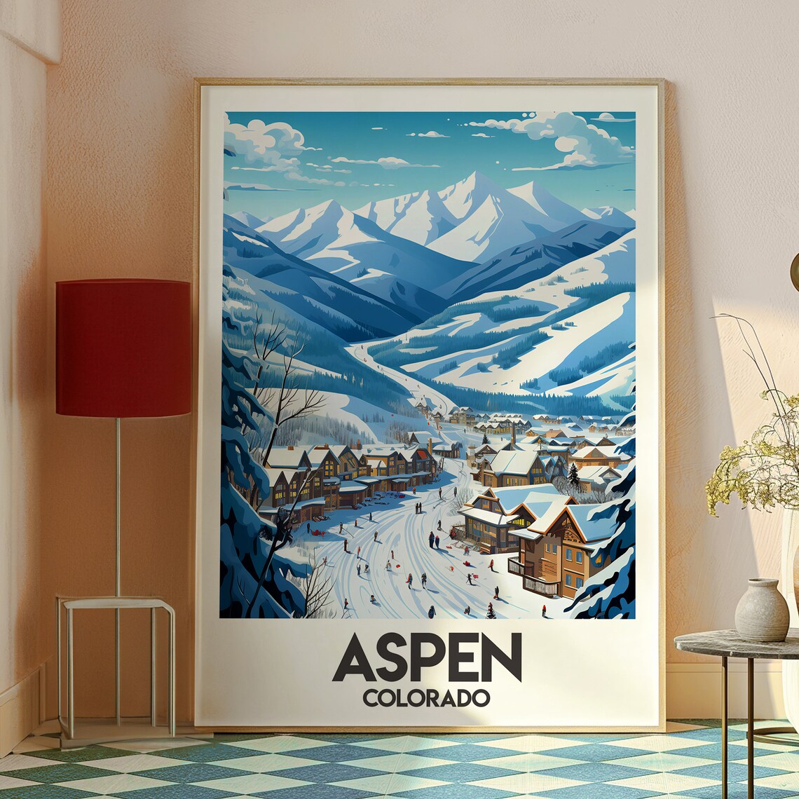 Aspen Colorado Ski Village Under Snowy Mountain Peaks Travel Poster - Image 2