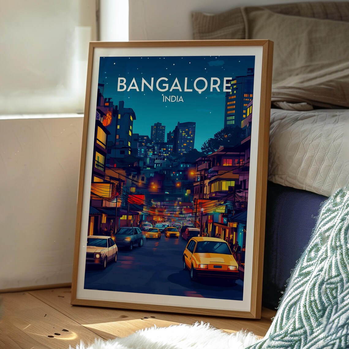 Bangalore India Night City Street Taxis Skyline Vintage Travel Poster - Image 3