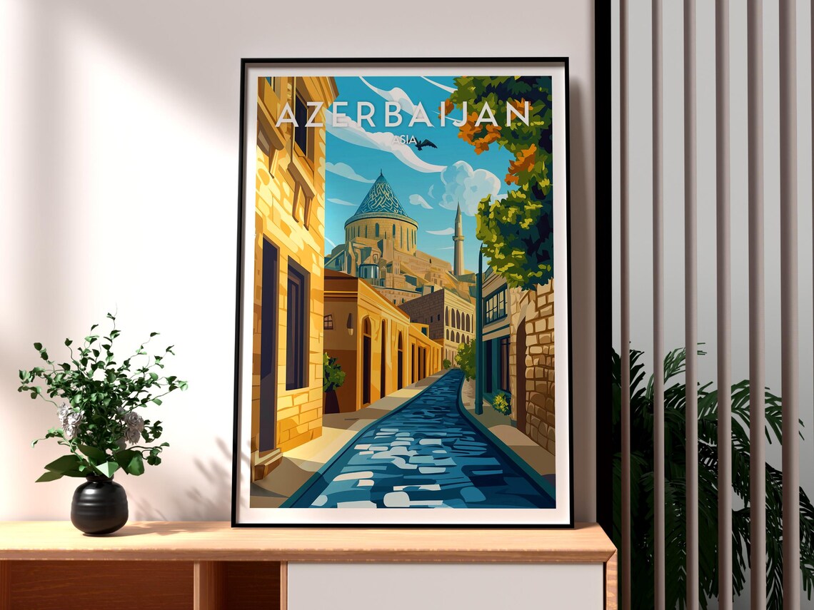 Azerbaijan Vintage Travel Poster Old Town Mosque Dome Street Art