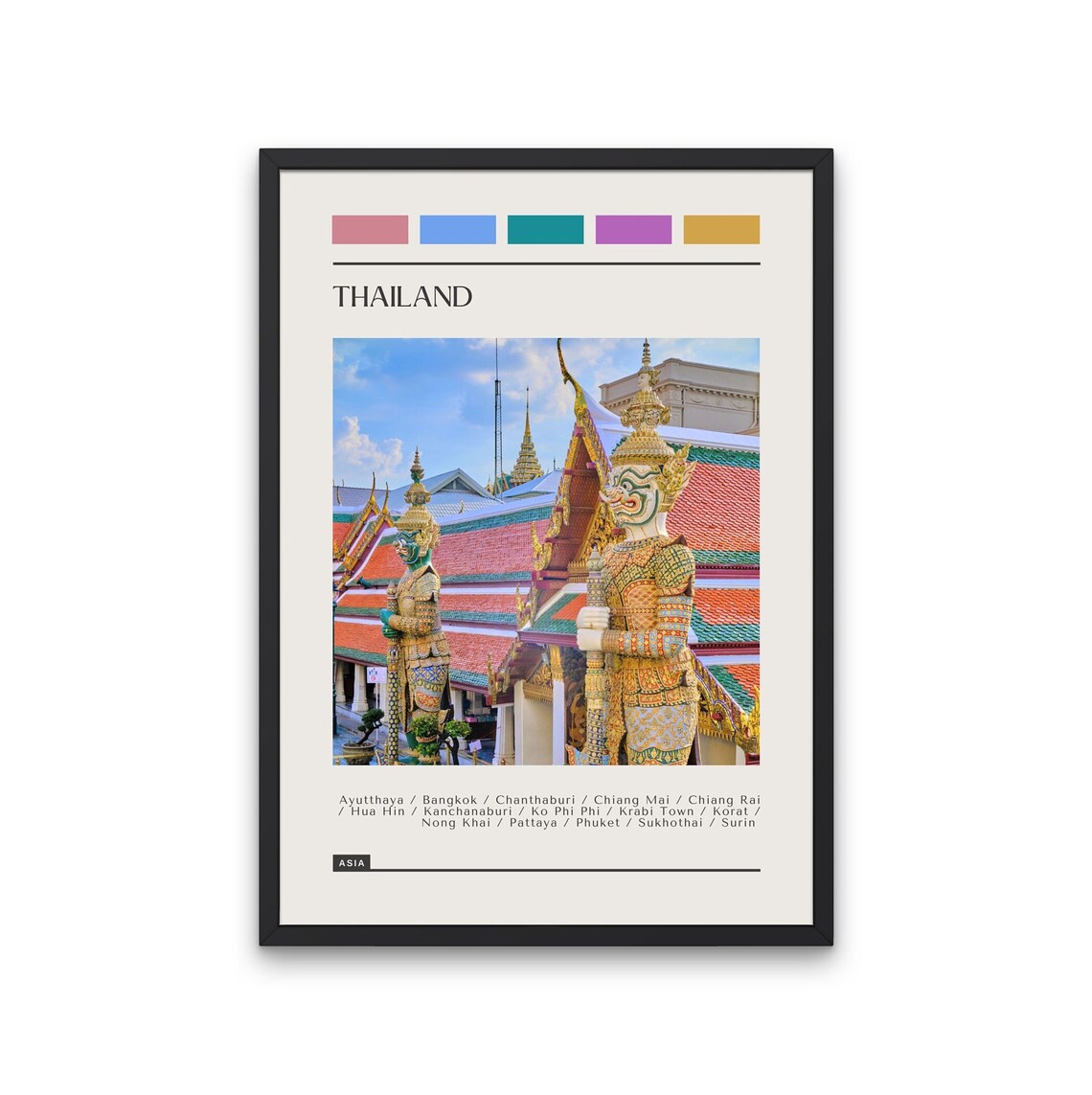 Thailand Temple Guardian Statues Grand Color Block Travel Poster