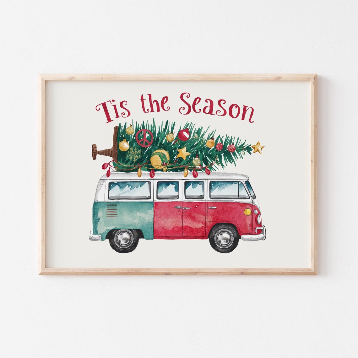 Tis The Season Retro VW Bus Christmas Tree Watercolor Poster