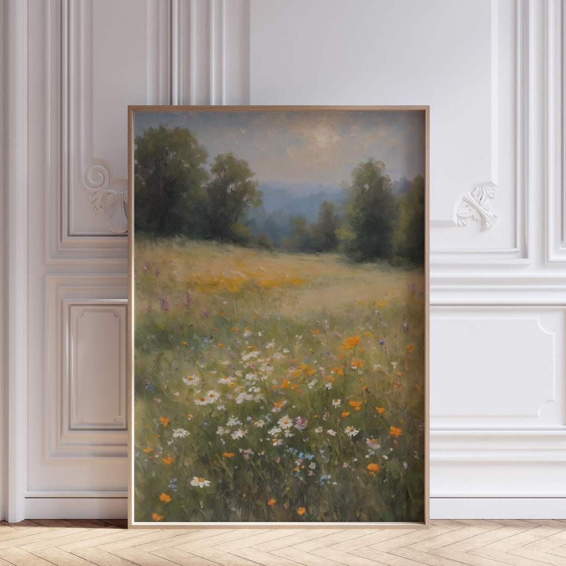 Moody Wildflower Field Vintage Oil Painting Neutral Cottagecore Poster