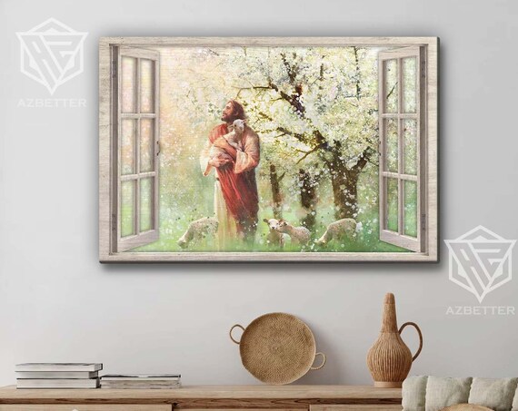 Jesus With Lamb In Blooming Orchard Open Window View Art Poster