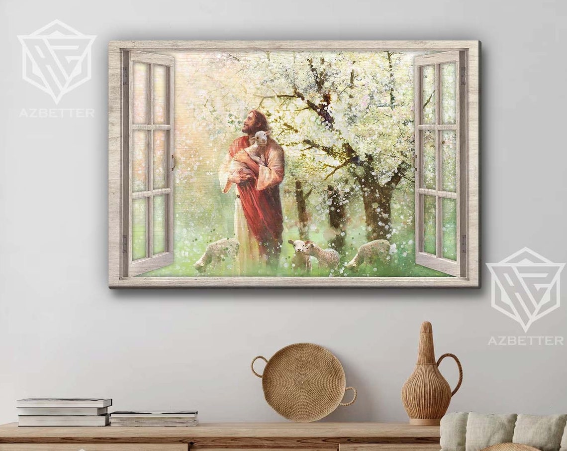 Jesus With Lamb In Blooming Orchard Open Window View Art Poster
