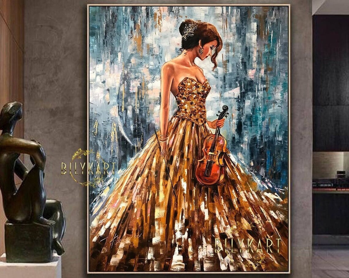 Girl With Violin Abstract Oil Painting, Modern Art Print