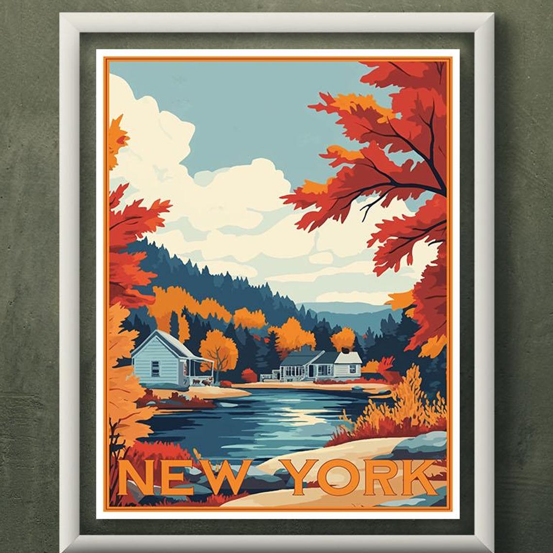 New York Autumn Lake Cabins Mountain Foliage Vintage Travel Poster