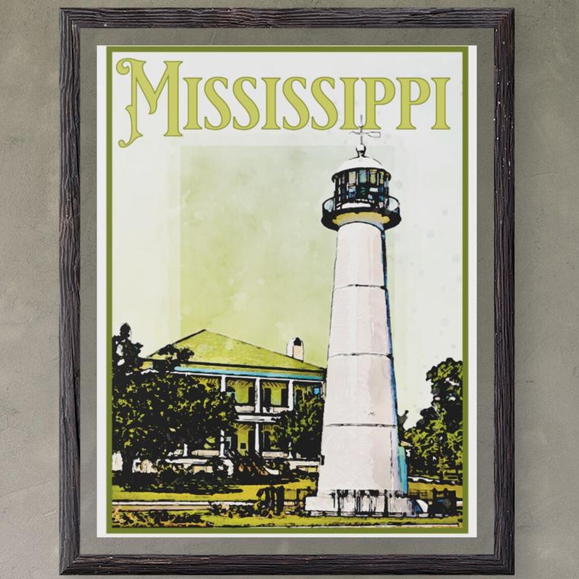 Mississippi Biloxi Lighthouse Historic House Vintage Travel Poster