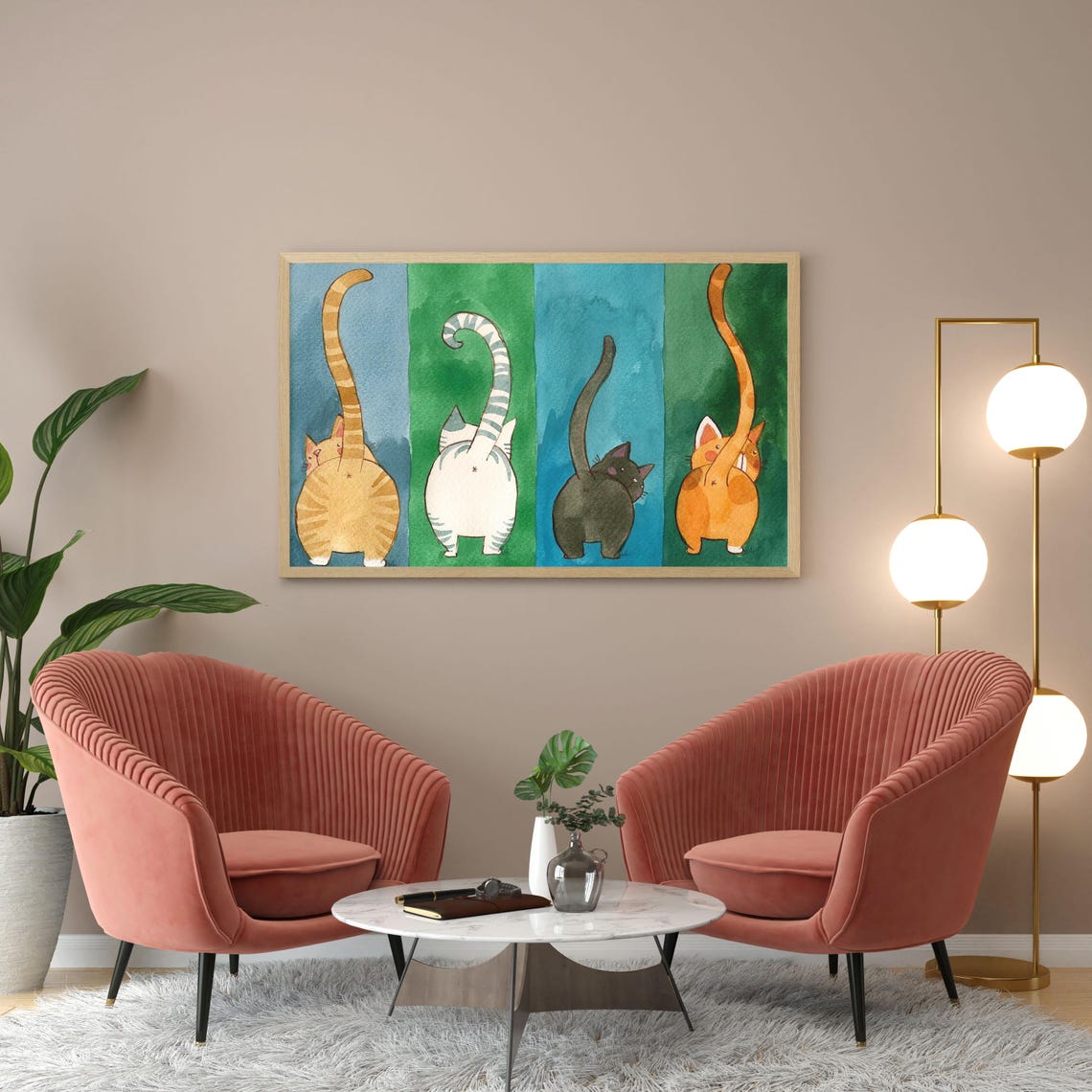 Four Cats From Behind With Tails Up Watercolor Funny Cat Art Poster - Image 2