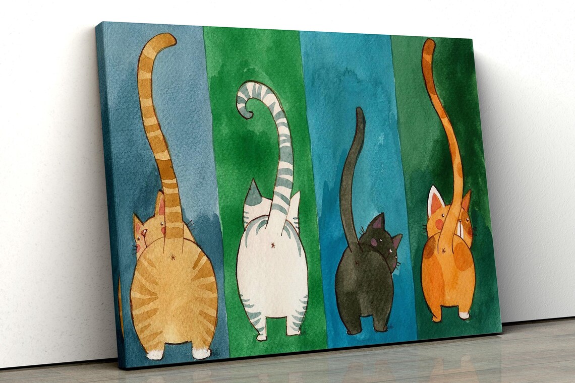 Four Cats From Behind With Tails Up Watercolor Funny Cat Art Poster - Image 5