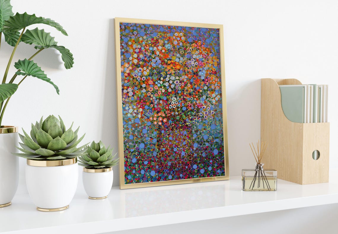 Abstract Blue Dot Painting With Multicolor Circles Modern Wall Art - Image 2