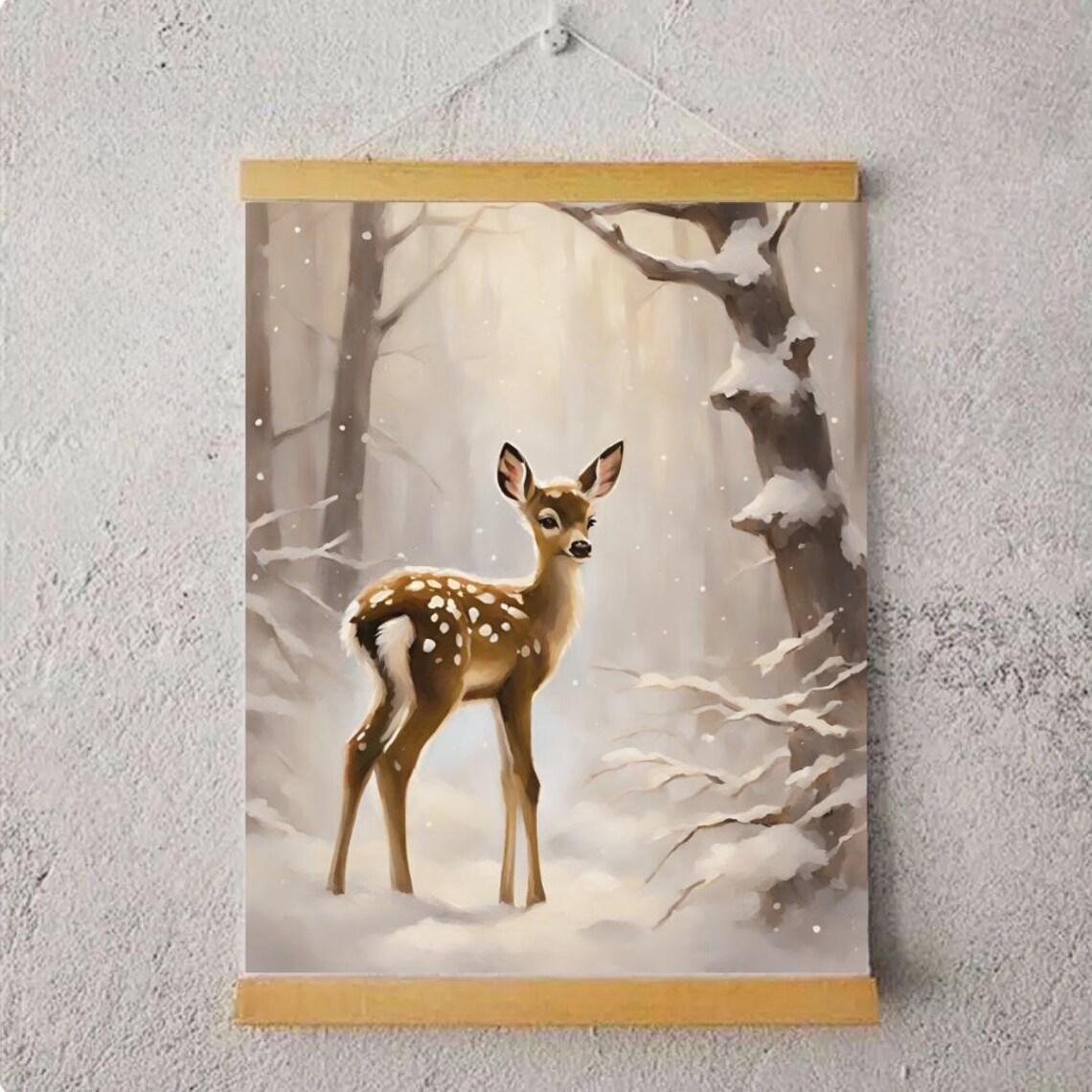 Sweet Spotted Fawn Standing in a Snowy Winter Forest Art Poster - Image 2