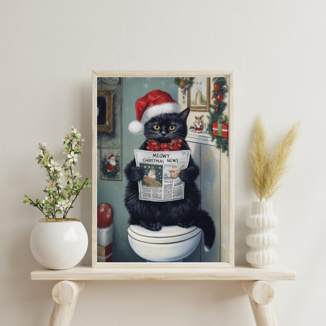 Meowy Christmas News Black Cat Santa Funny Holiday Scene Poster - Image 5